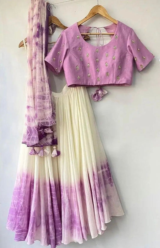 White and purple georgette shibori printed lehenga choli