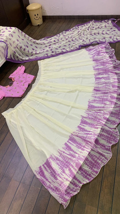 White and purple georgette shibori printed lehenga choli