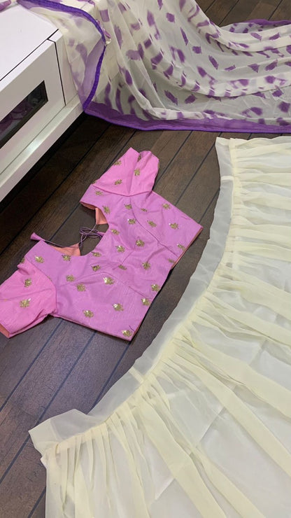 White and purple georgette shibori printed lehenga choli