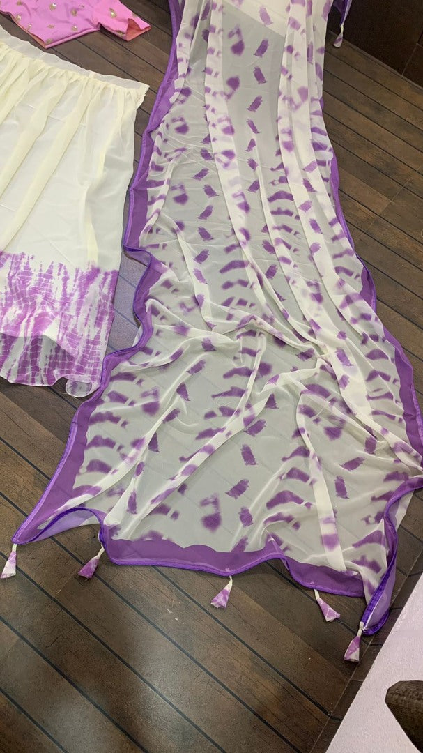 White and purple georgette shibori printed lehenga choli
