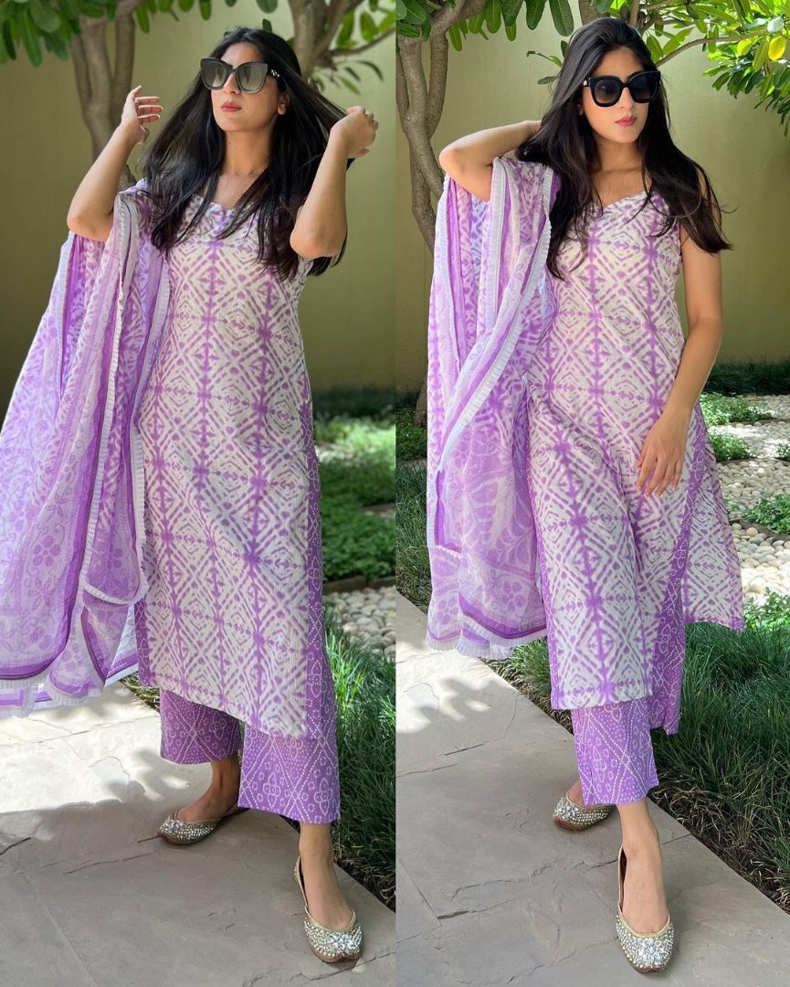 White and purple printed casual pant suit