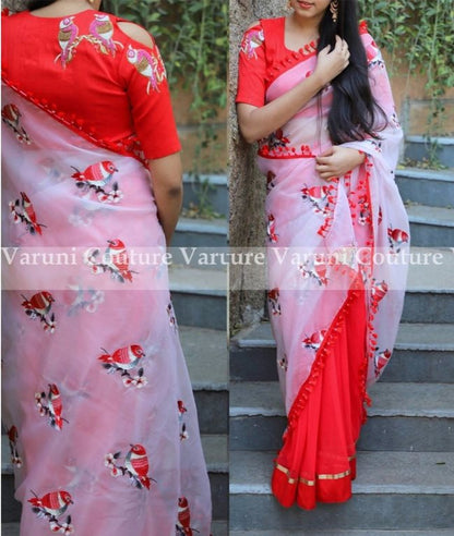 White and red georgtte sparrow embroidered saree