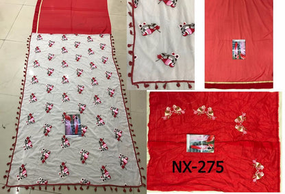 White and red georgtte sparrow embroidered saree