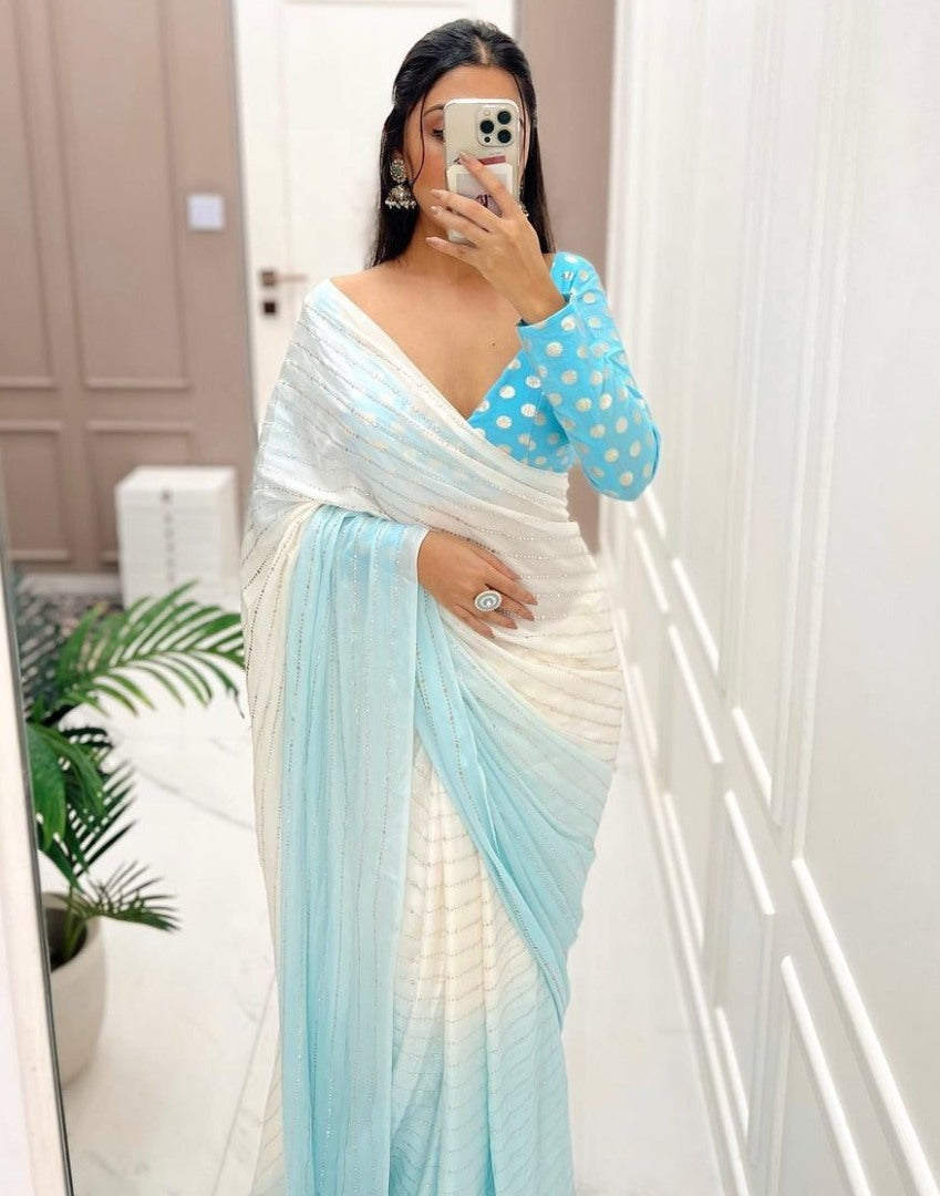 White and skyblue shaded georgette mukesh work designer saree