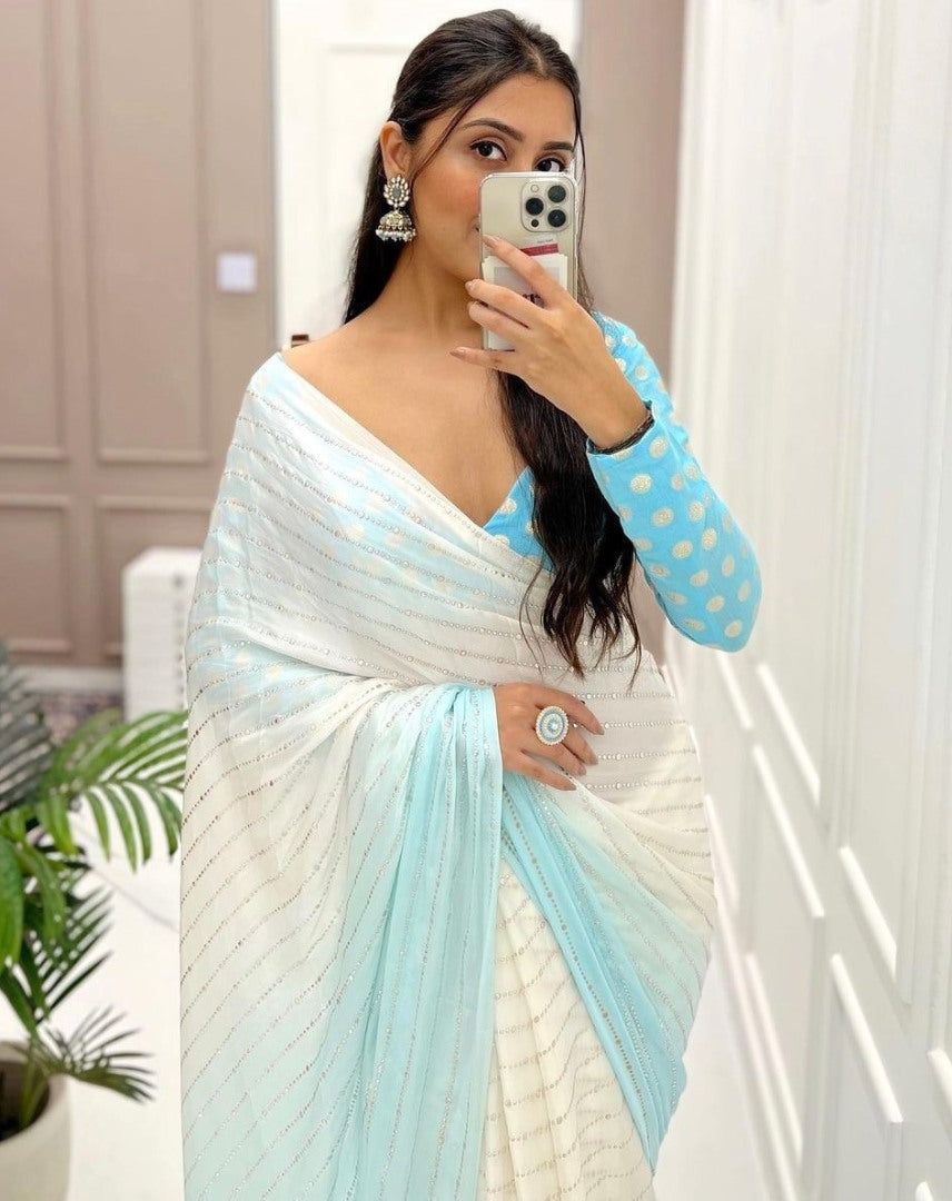 White and skyblue shaded georgette mukesh work designer saree