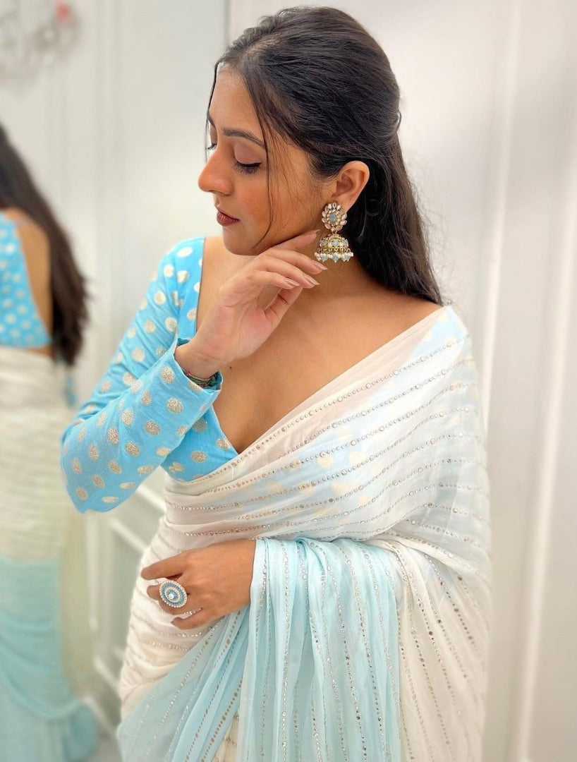 White and skyblue shaded georgette mukesh work designer saree