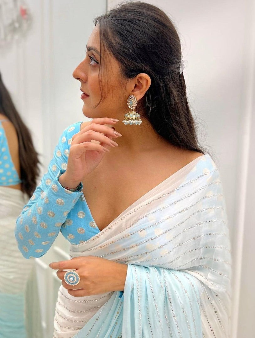 White and skyblue shaded georgette mukesh work designer saree