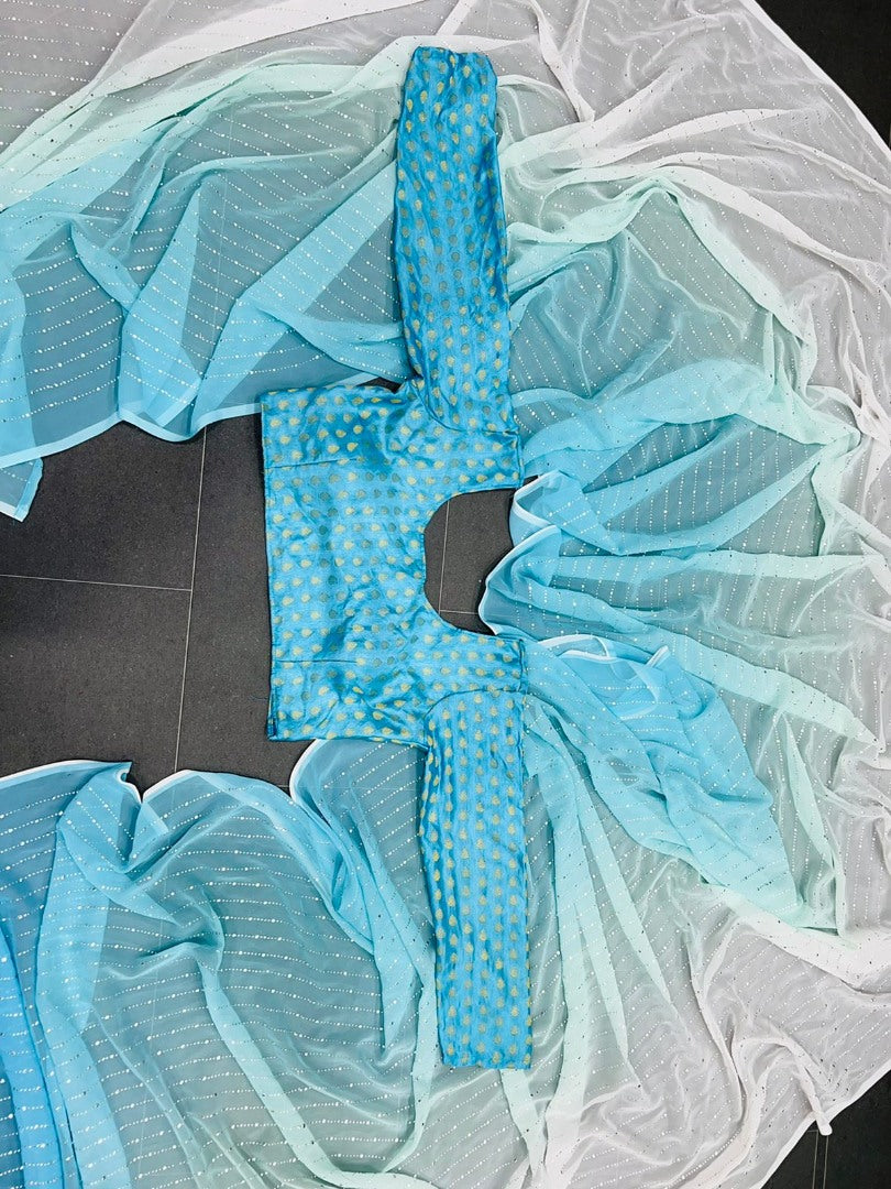 White and skyblue shaded georgette mukesh work designer saree