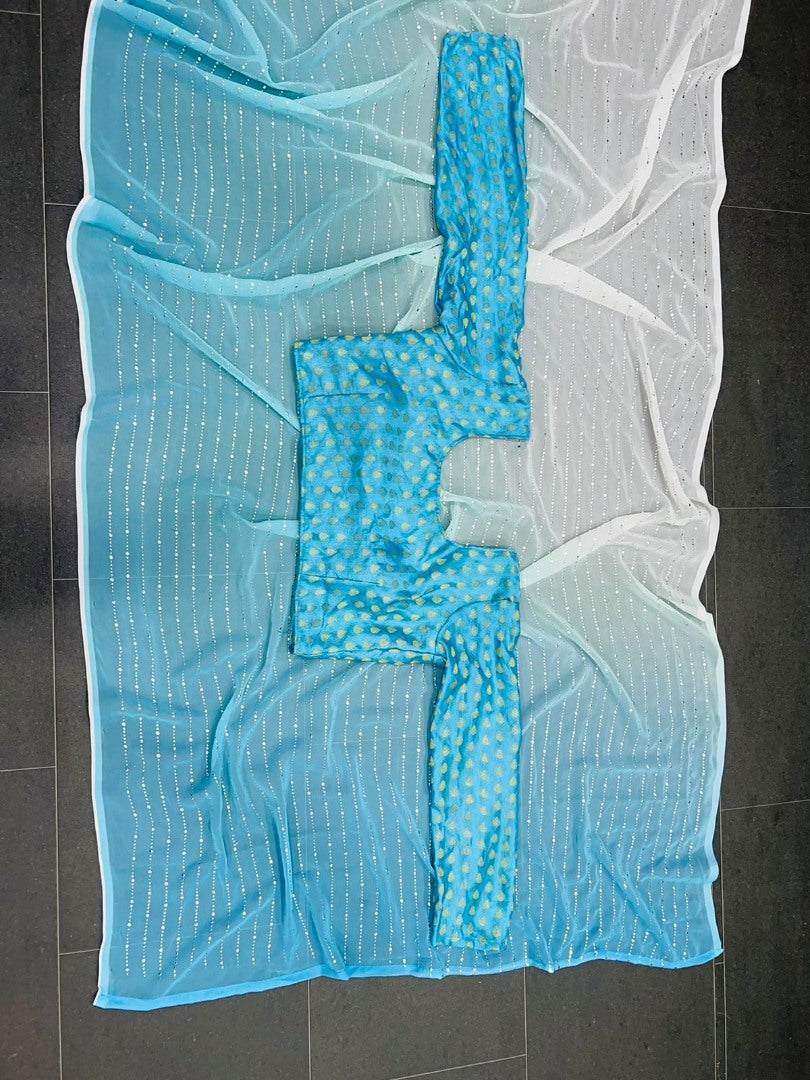 White and skyblue shaded georgette mukesh work designer saree