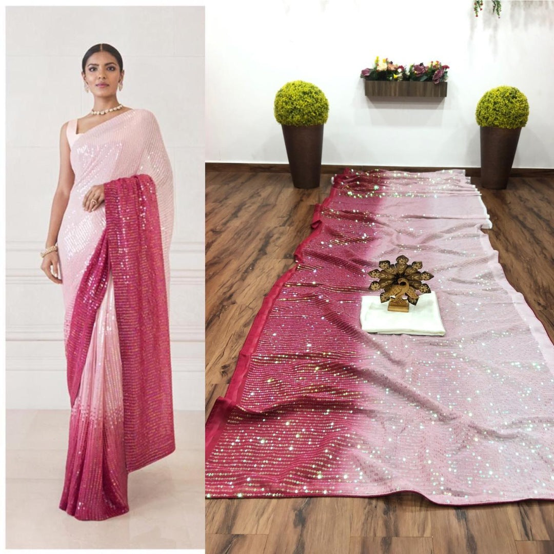 White and wine sequence work ceremonial saree