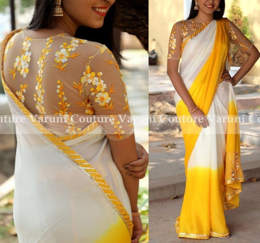 white and yellow georgette saree with embroidered blouse