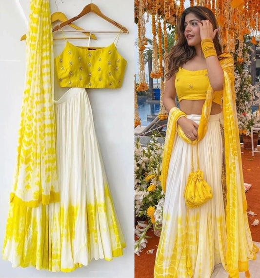 White and yellow georgette shibori printed lehenga choli