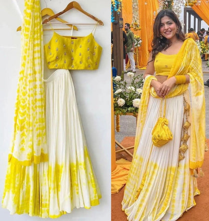 White and yellow georgette shibori printed lehenga choli