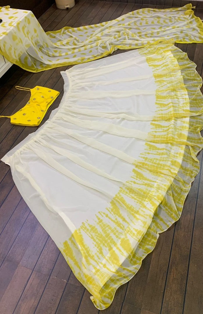 White and yellow georgette shibori printed lehenga choli
