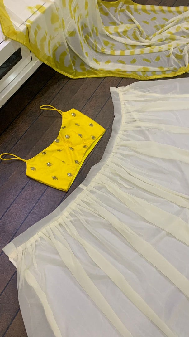White and yellow georgette shibori printed lehenga choli