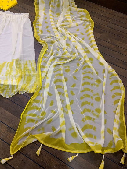 White and yellow georgette shibori printed lehenga choli