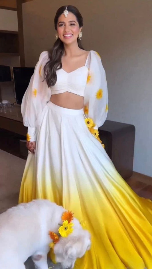 White and yellow soft satin silk crop top lehenga for haldi ceremony