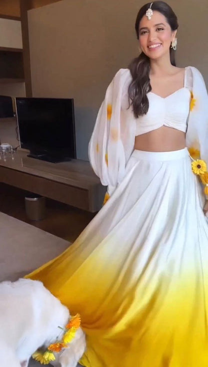 White and yellow soft satin silk crop top lehenga for haldi ceremony