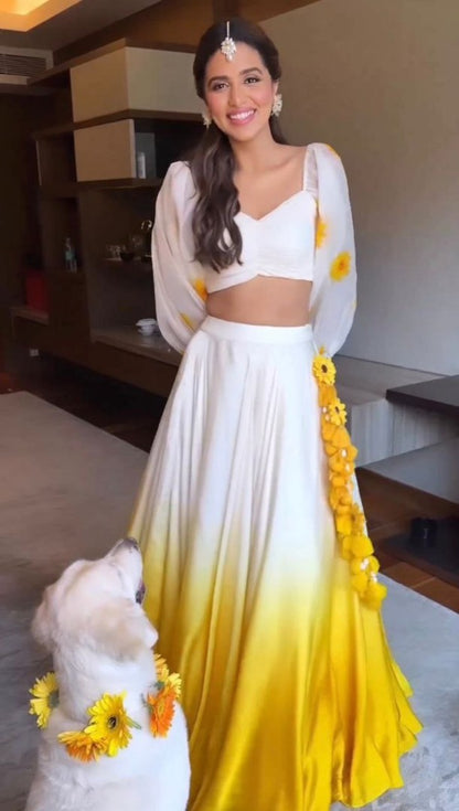 White and yellow soft satin silk crop top lehenga for haldi ceremony