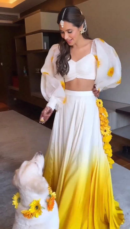White and yellow soft satin silk crop top lehenga for haldi ceremony