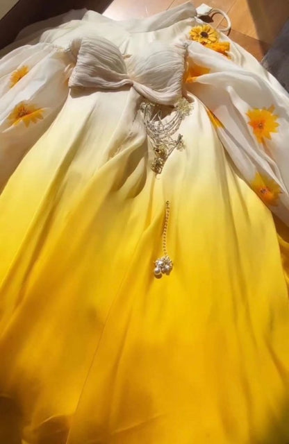 White and yellow soft satin silk crop top lehenga for haldi ceremony