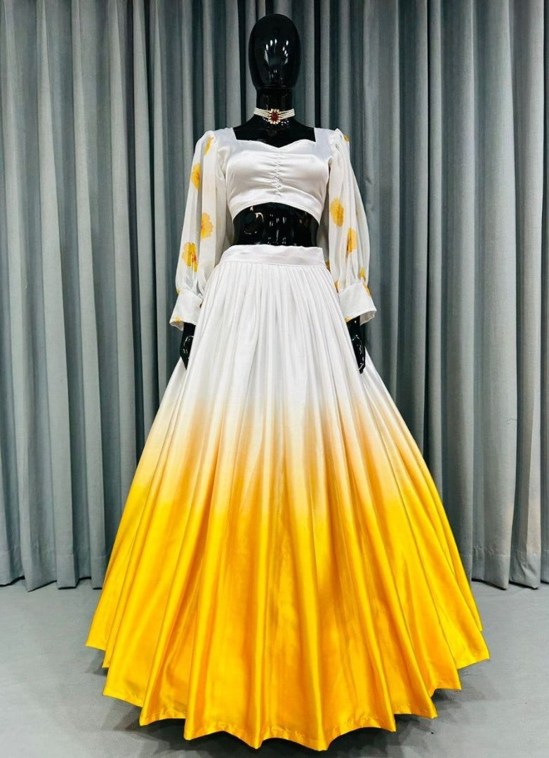 White and yellow soft satin silk crop top lehenga for haldi ceremony