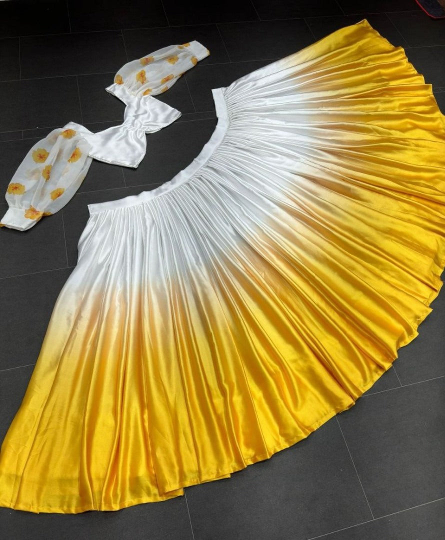 White and yellow soft satin silk crop top lehenga for haldi ceremony