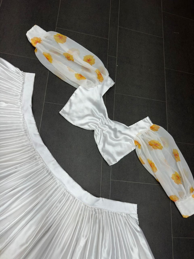 White and yellow soft satin silk crop top lehenga for haldi ceremony