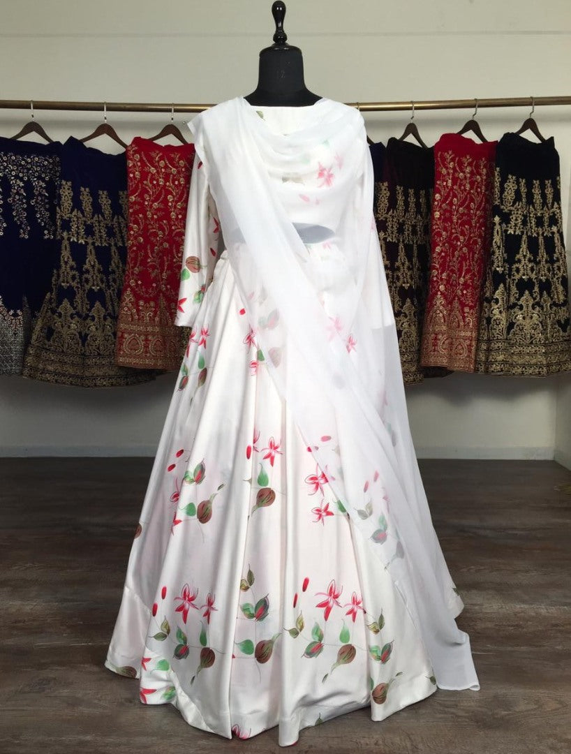White baby satin digital printed lehenga choli