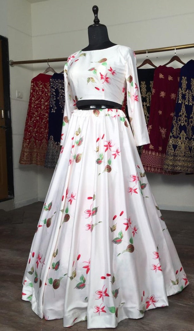 White baby satin digital printed lehenga choli