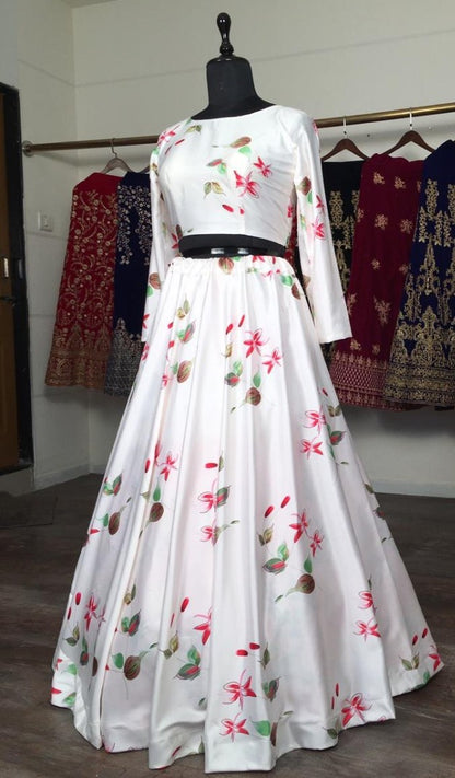 White baby satin digital printed lehenga choli