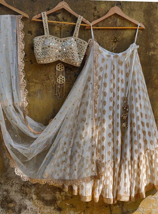 White banarasi jacquard coading embroidered wedding lehenga choli