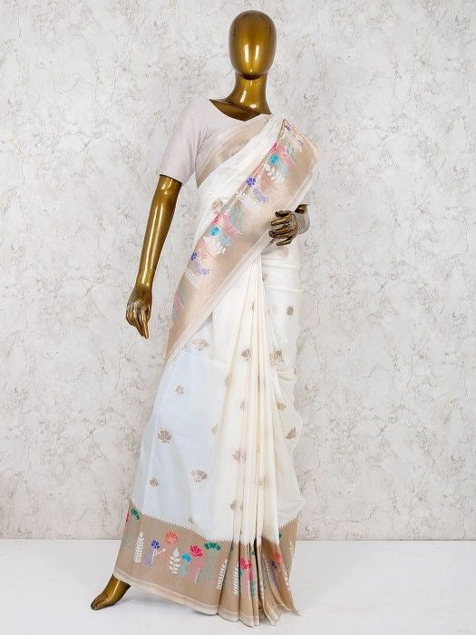 White banarasi shiny silk weaving saree