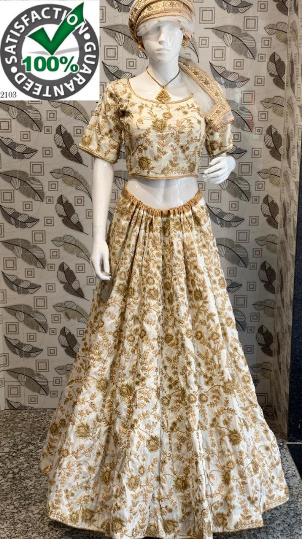 White banarasi silk heavy embroidery wedding lehenga