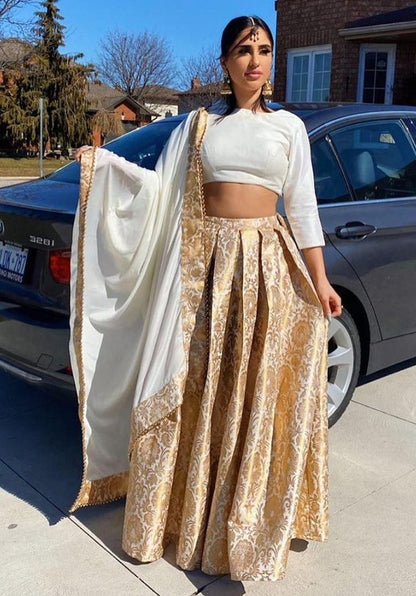 White banarasi silk jari weaving work lehenga choli