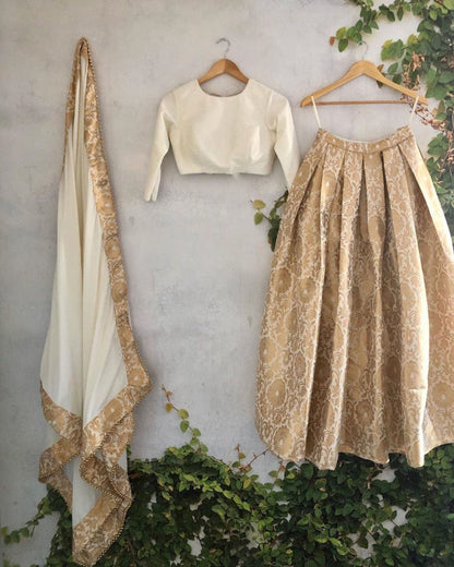 White banarasi silk jari weaving work lehenga choli