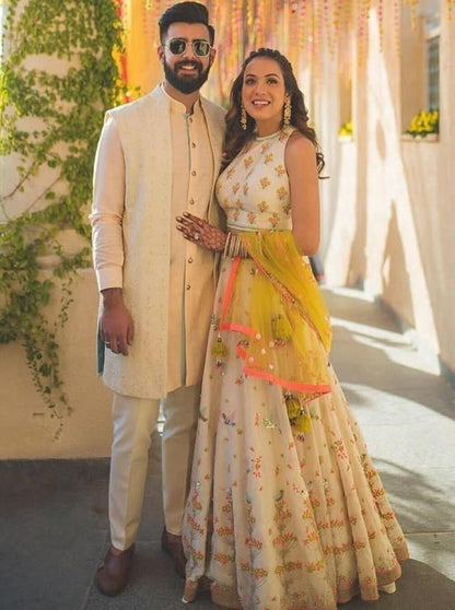 white banglori satin beautiful embroidered ceremonial lehenga