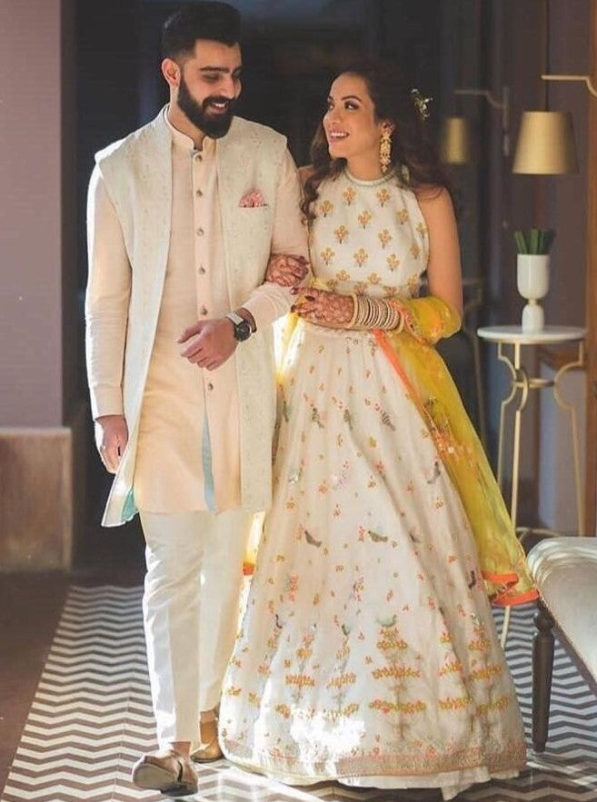 white banglori satin beautiful embroidered ceremonial lehenga