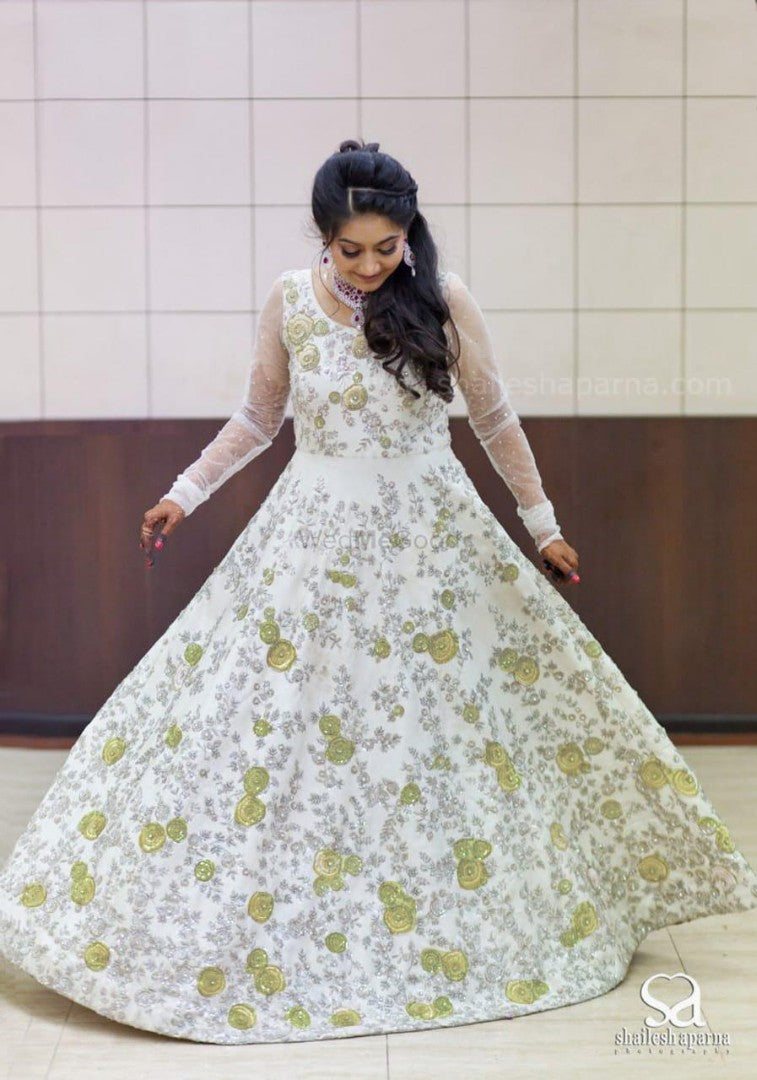 white banglori satin heavy embroidery work designer partywear gown