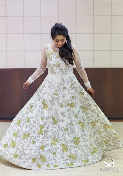 white banglori satin heavy embroidery work designer partywear gown