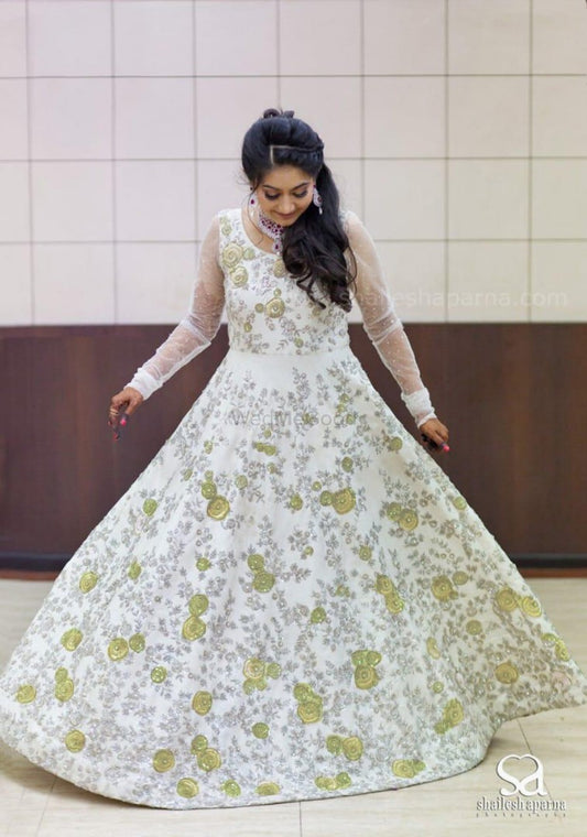 white banglori satin heavy embroidery work designer partywear gown