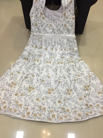 white banglori satin heavy embroidery work designer partywear gown