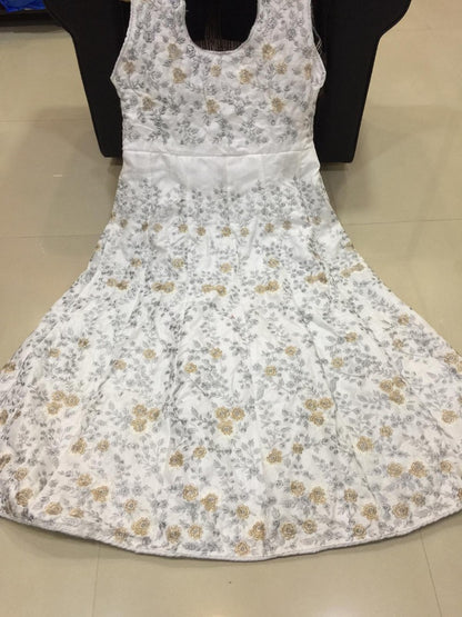 white banglori satin heavy embroidery work designer partywear gown