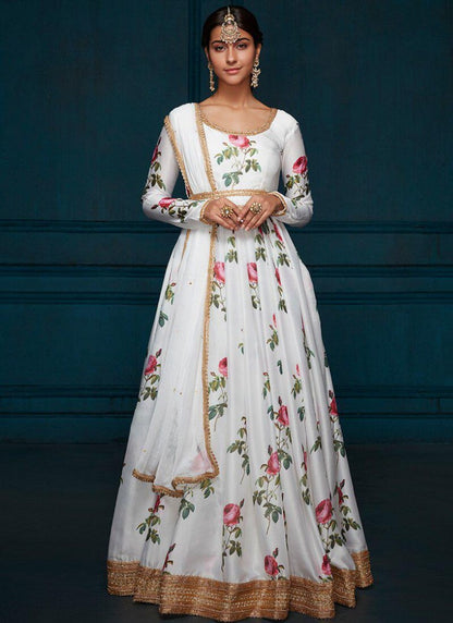 white banglori satin printed ceremonial anarkali suit