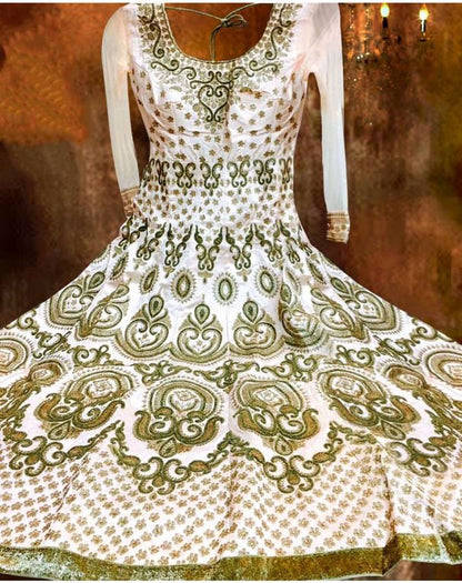 White banglori silk heavy embroidered wedding anarkali suit