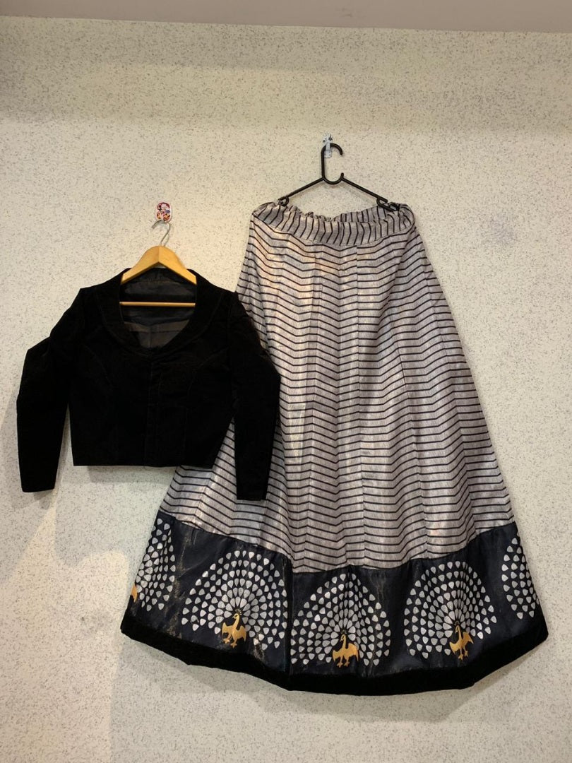 White banglory satin digital printed crop top lehenga skirt