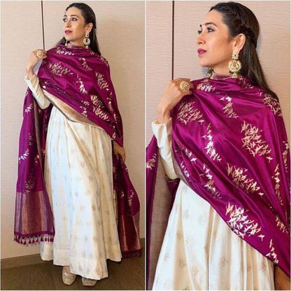 White banglory satin gown with printed dupatta
