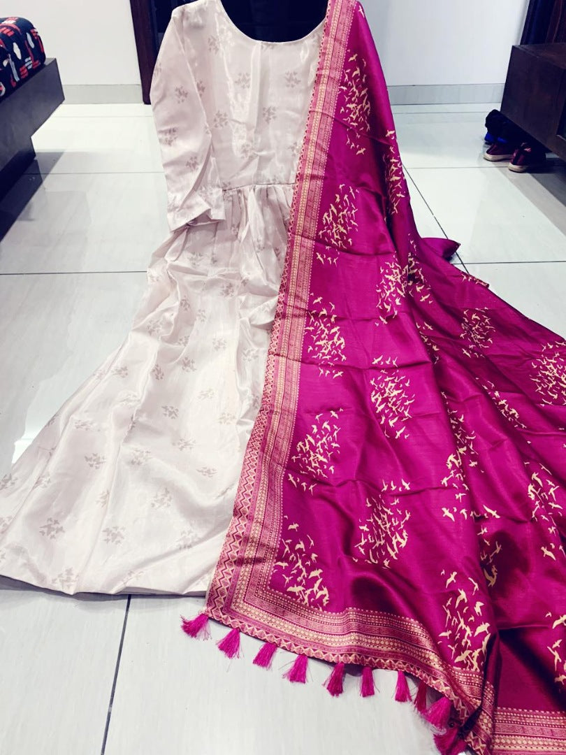 White banglory satin gown with printed dupatta