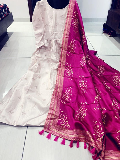 White banglory satin gown with printed dupatta
