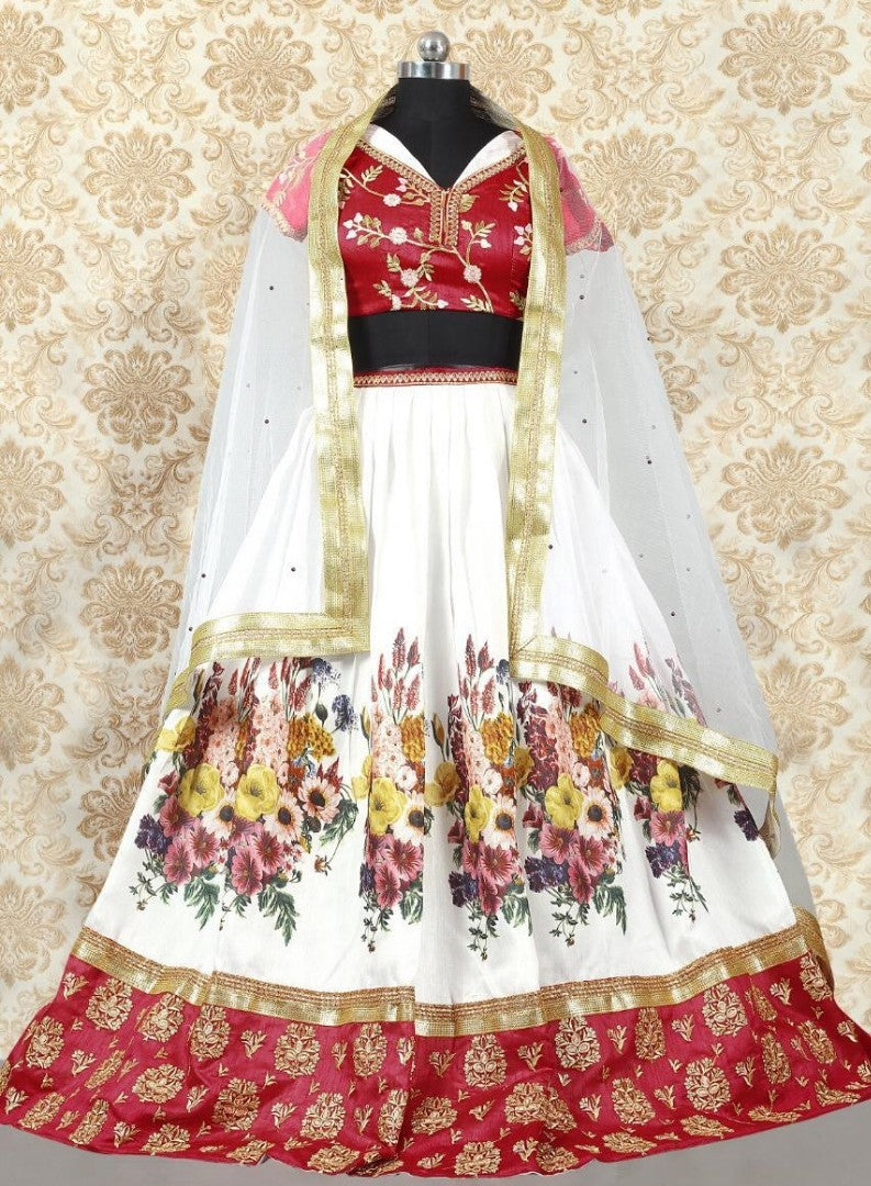 white banglory silk printed and embroidered lehenga